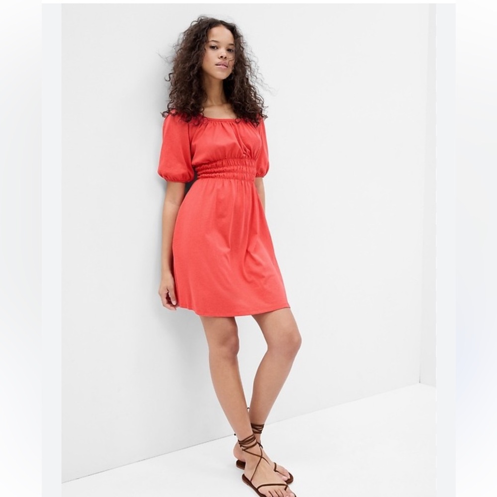 GAP mini dress coral puff sleeve